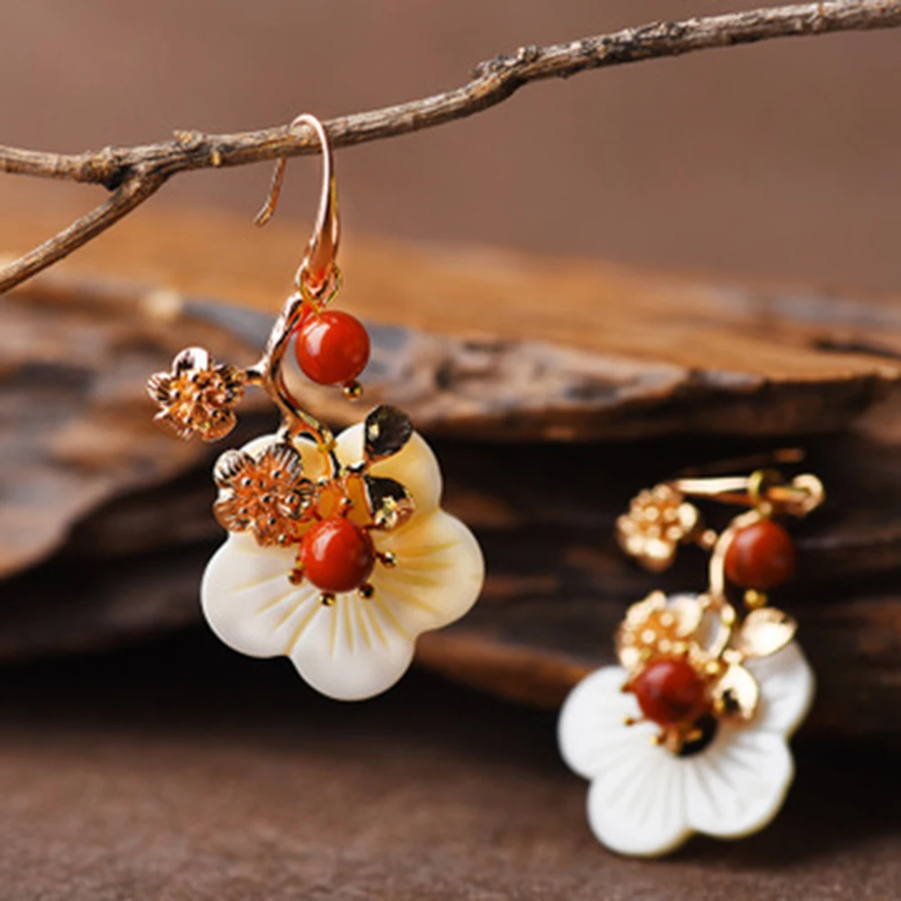Chinese Style Women Studs 14K Gold-Plated Earrings Girl Birthday Gift Shell Flower South Red Fashion Earring | Дом и сад