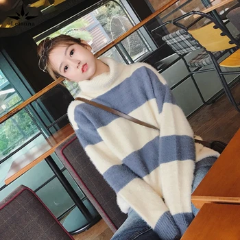 

Leiouna Long Sleeve Casual Autumn Winter Turtleneck Mohair 2020 Fashion Women Sweater Striped Loose Knitted Pulovers Female