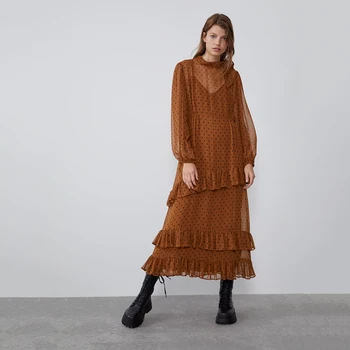 

ZA Brown Dot Print Long Dress Ladies Round Neck Bow Long Sleeve Laminate Dress Design Bohemian Transparent Mesh Long Dress
