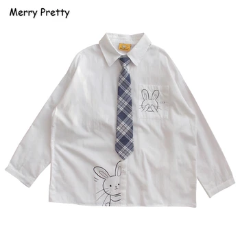 

Women's Top And Blouses Cartoon Rabbit Print Tie Cotton Blouse 2020 Spring Sweet Girls Turndown Collar Shirt Blusas MERRY PRETTY