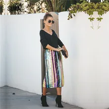 Красочные Vertcial полосатые расшитые блестками прямые юбки до середины икры уличная Женская эластичная талия Облегающие юбки