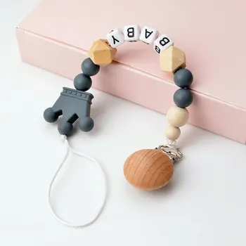 

Baby Pacifier Clip Beech Wood Bead Star Silicone Beads Soother Chain Baby Teether Toy Nipple Holder