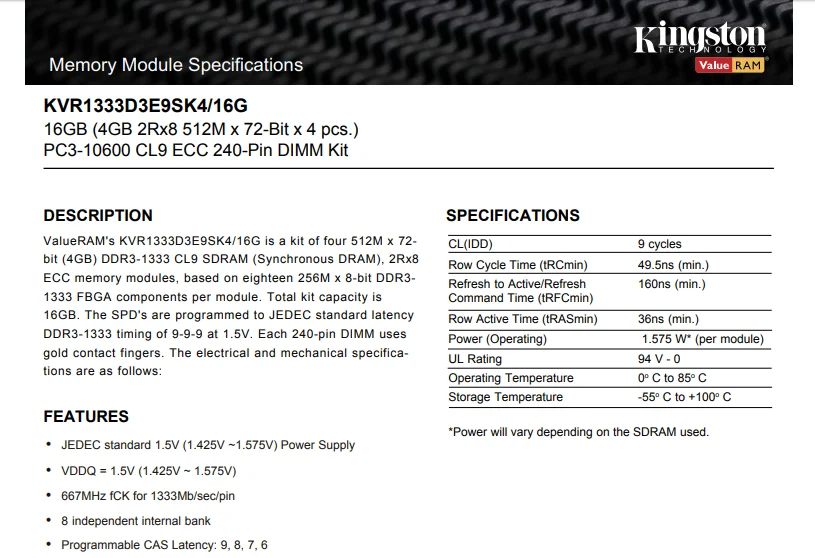 Оперативная память kingston ECC DDR3 2G 4G 8G1333MHZ 2GB 4GB 8GB CL9 240pin 1,5 V PC3-10600U, работающая на рабочей станции и серверах