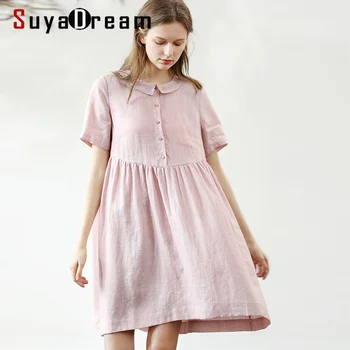 

SuyaDream Women Linen Dress 100%Linen Solid Short Sleeved Sweet Mini Dresses 2020 Spring Summer New