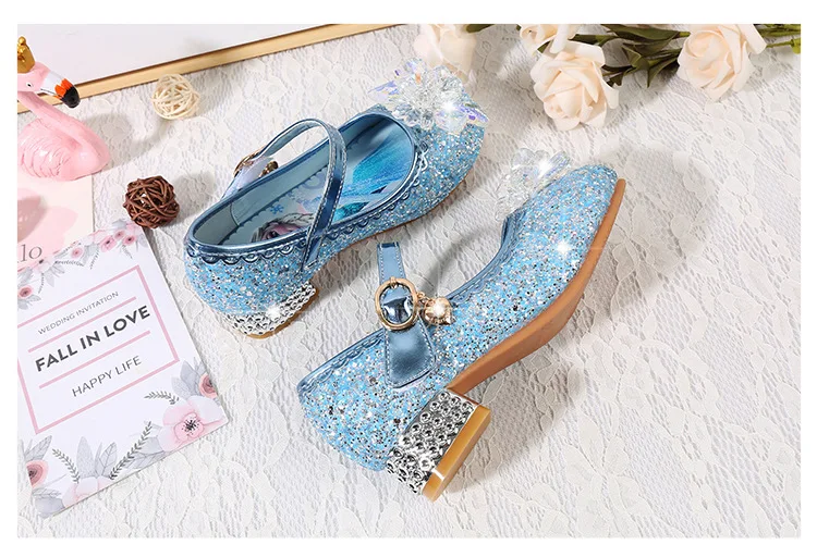 Children Princess Shoes for Girls Party High Heel Sandals Fashion Flower Kids Glitter Leather Shoes Butterfly Knot Dress Wedding