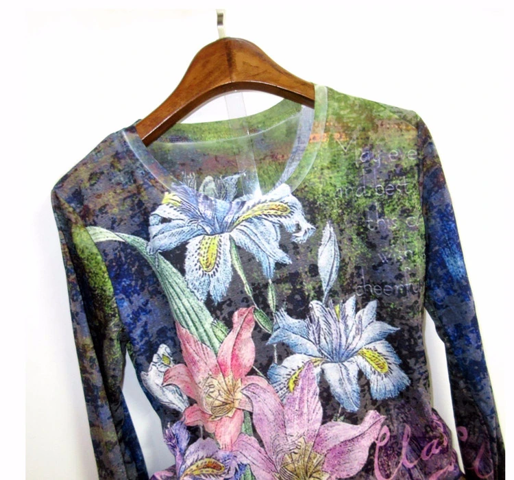 Женская футболка с цветочным принтом, большие размеры 4XL, осень, с длинным рукавом, с графическим принтом, modis, тонкая футболка, с круглым вырезом, топы, футболка для женщин