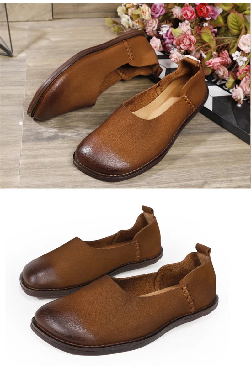 Vintage 2020 New Flat Loafes Shoes Women Genuine Leather Retro Matte Cow Leather Casual Soft Bottom Flats Mother Shoes Handmade (8)
