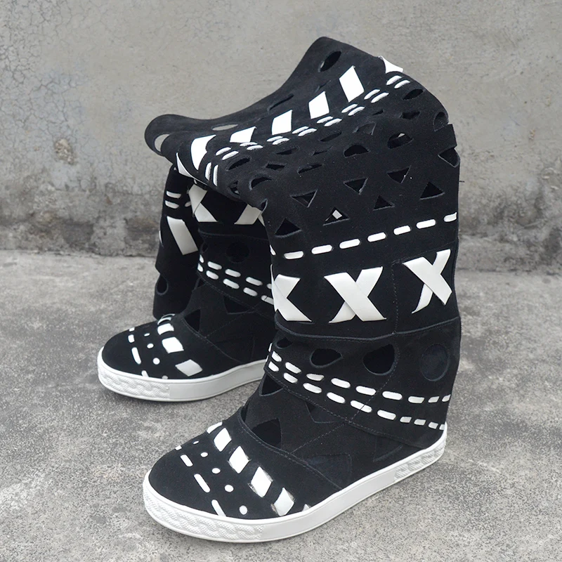 Black White Suede Cross Braided Patchwork Boots Woman 8cm Inner Increased Wedge Heel Knee Boots Geometric Cutout Roman Botas