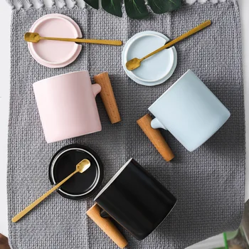 

Nordic Simple Ceramic Mug Creative Coffee Cup with Lid Spoon Wooden Handgrip 360ml Household Breakfast Milk Mugs Office Tea Cups