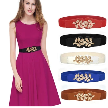 

New Fashion Elastic Metal Leaf Buckle Belts for Women Dress Accessories Retro Waistband Blue Pink White Black Adult Belt