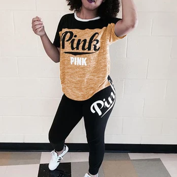 

2pcs Casual PINK Printing Women Outfit Short Sleeve T-Shirts And Long Skinny Pants Suits Fitness Summer Tracksuit Plus Size XXXL