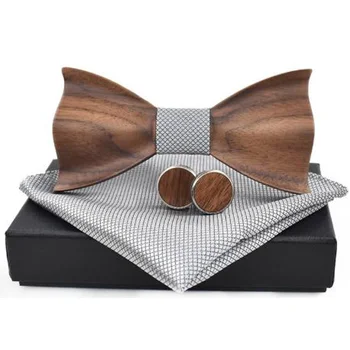 

3D Wooden Tie Square Cufflinks Fashion Wooden Bow Tie Wedding Handmade Wooden Tie Set
