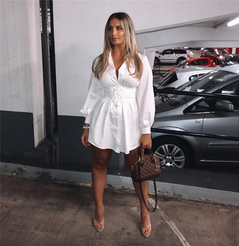 NewAsia White Shirt Dress Women Long Lantern Sleeve Turn-down Collar Casual Dress With Corset Belt Sexy Office Ladies Clothing