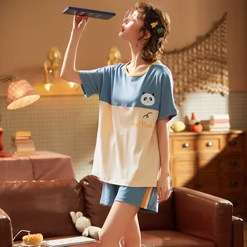 

Blue Panda pattern Sleepwear Sets Ladies Pajamas Suit New summer Homewear Cotton Pijamas Cute Pyjamas For Women Soft Nightwear