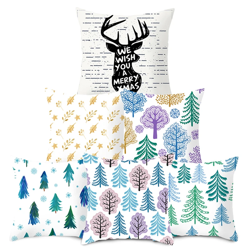 

Fuwatacchi Merry Christmas Cushion Covers Red Bird Colorful Tree Pillow Cover for Home Sofa Decorative Throw Pillowcases 45*45cm