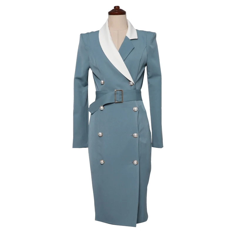 

PERHAPS U Blue Notch Collar Long Sleeve Double-breasted Sash Mini Bag Hip Dress Autumn Spring Elegant D2035