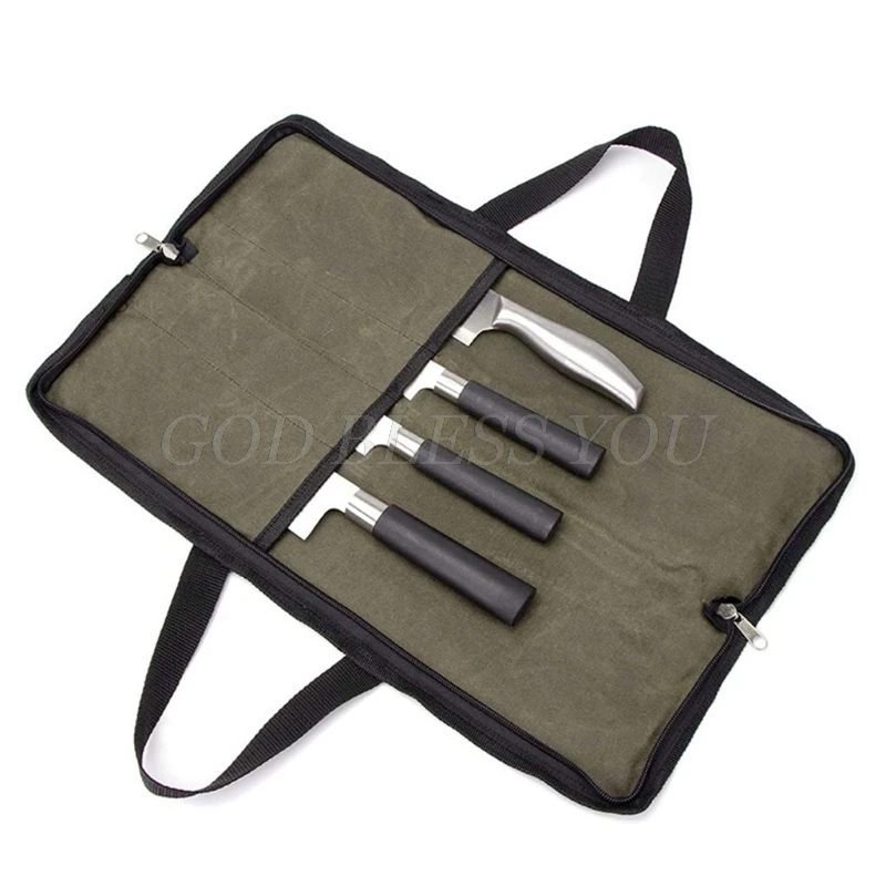 Knife-Bag Storage-Pockets Carry-Case Canvas Green Pouch Cooking Portable Chef 4-Slots