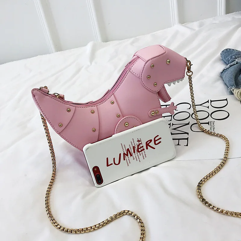 Personality Bag Female 2021 New Cartoon Cute Tide Dinosaur Shape Rivet Decoration Shoulder Messenger Creative Small Bag