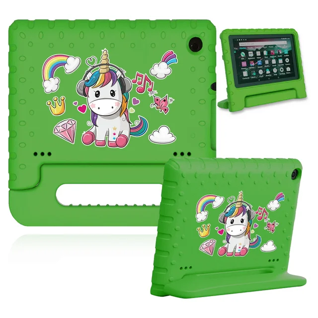 Cute Cartoon Kids Cover for Fire 7 (5th 7th 9th Gen)/HD 8 Tablet Handle Stand Funda Case for Fire HD 8 Plus (10th Gen 2020) 13.green case-unicor