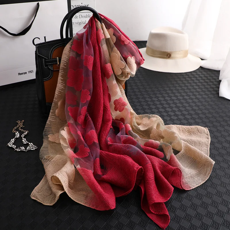 

2020spring summer and autumn sunscreen beach thin soft silk chiffon gradient color organza hollow flower beach shawl scarf Farad