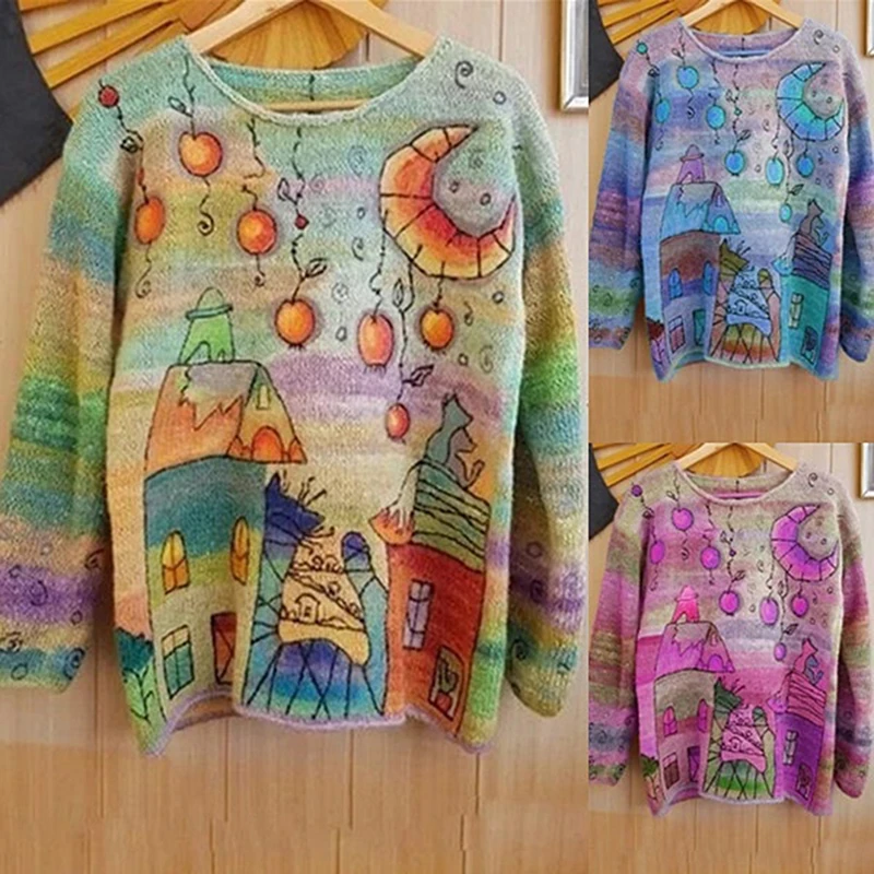 

2020 Korean New Fashion Laies Vintage Printed Sweaters Womens Casual Loose Knitted Pullovers Female Streetwear Jumpers