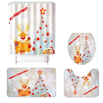 

4 Pcs Set Christmas Tree Elk Print Base Rug + Bathroom Mat and Waterproof Shower Curtain, Non-Slip Toilet Cover Mat Set