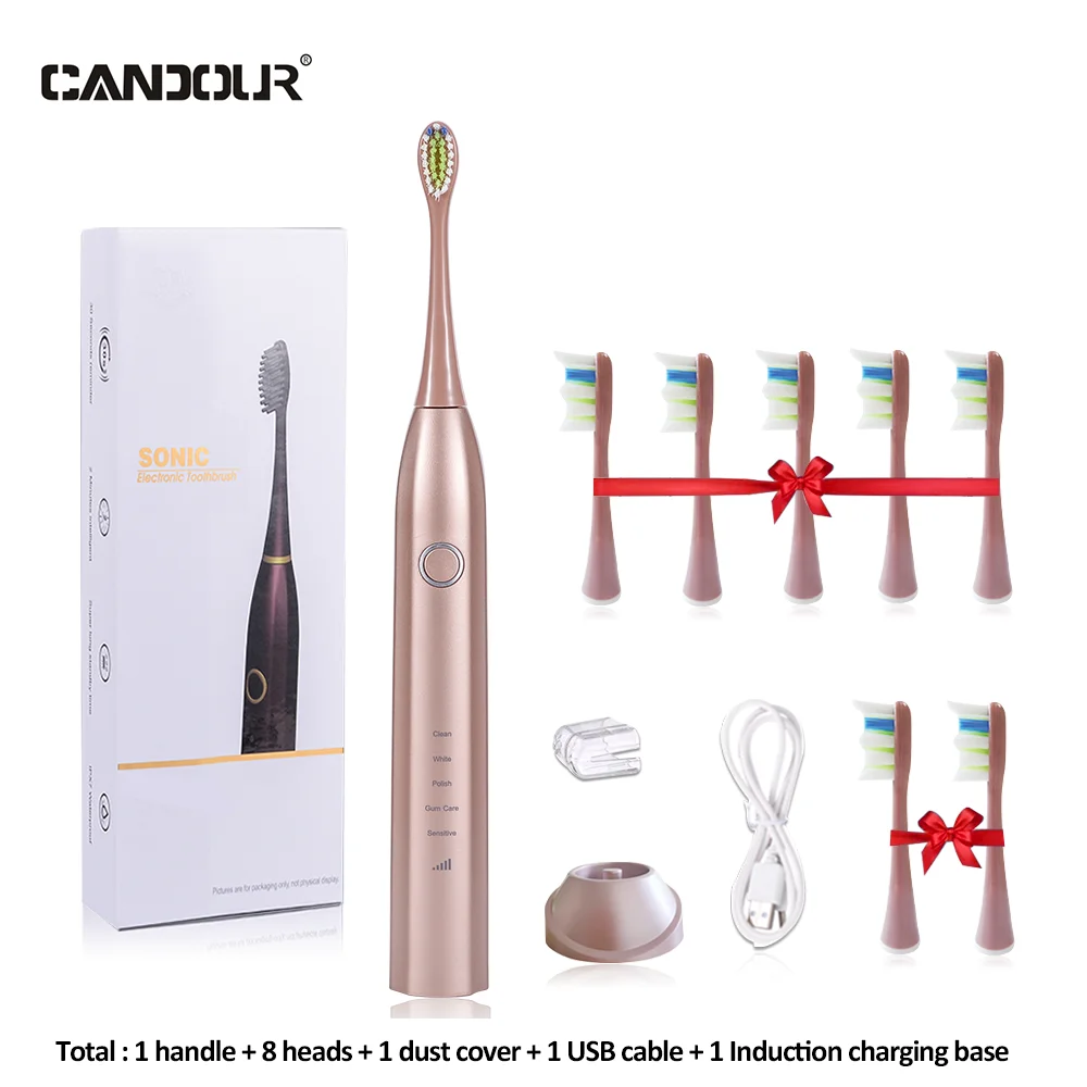 Cepillo de dientes eléctrico sónico CANDOUR CD-5168, recargable, resistente al agua IPX8, 15 modos, cargador USB, juego de cabezales de repuesto