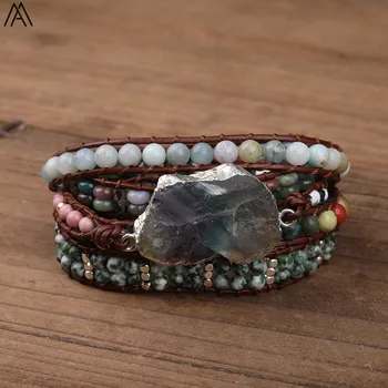 

Natural Rainbow Fluorite Stone Charms 5 Strands Leather Wrap Bracelet Women 4mm Natural Stone Beads Woven Bracelet N0435AMDG