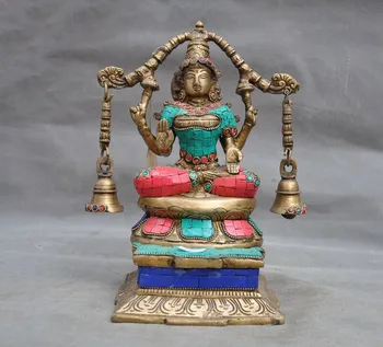 

wedding decoration Tibetan Bronze Gilt Inlay turquoise gem Bell 4 Arms Chenrezig Tara Buddha statue