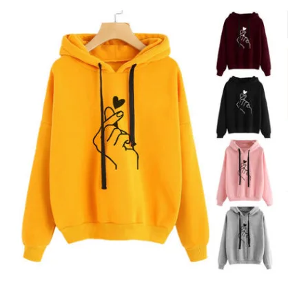 

2019 Women's Winter New Print Love Hand Hooded Fashion Loose Sweatshirt Cute Hoodies