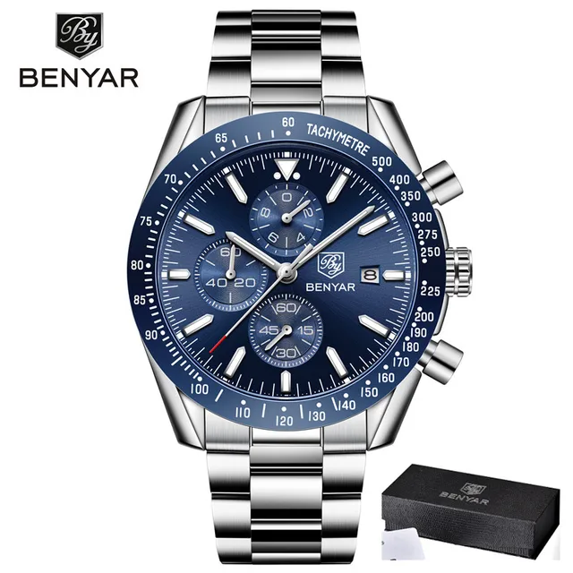 BENYAR New Brand Luxury Silicone Strap Waterproof Sports Quartz Chronograph Watch Classic Casual Men's Clock Relogio Masculino Blue silver steel