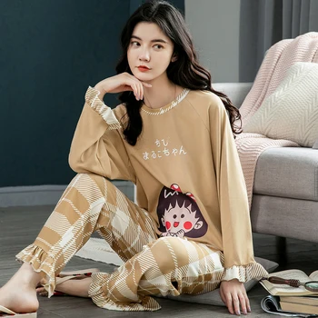 

Women's Two Piece Pajamas Set Long Sleeve Loose Plus Size Home Wear Cartoon Printed Round Neck Top + Trousers Suit