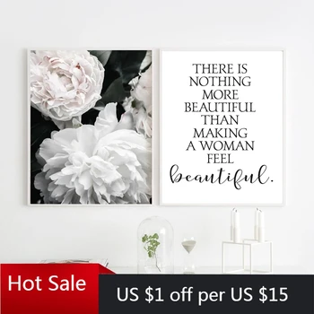 Online Weiße Pfingstrose Blume Druck Rose Floral Schlafzimmer Wand Kunst Leinwand Malerei Frau Schöne Zitat Poster Schönheit Salon Wand Dekor Zimmer