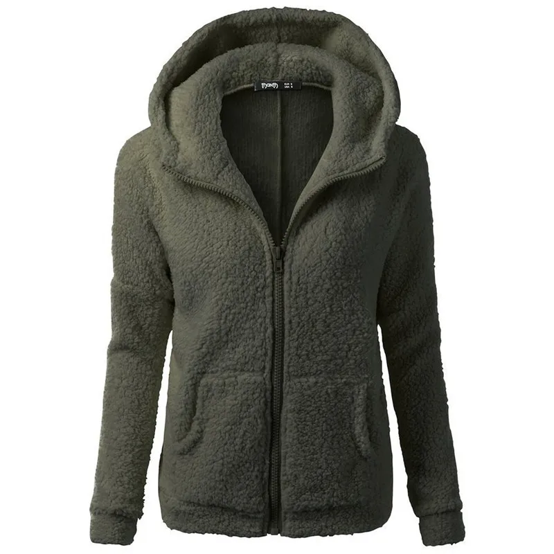 

Warm Coat For Women Long Sleeve Standard Fleece Solid Clothes Zipper Hooded Pocket Casual Female Coat