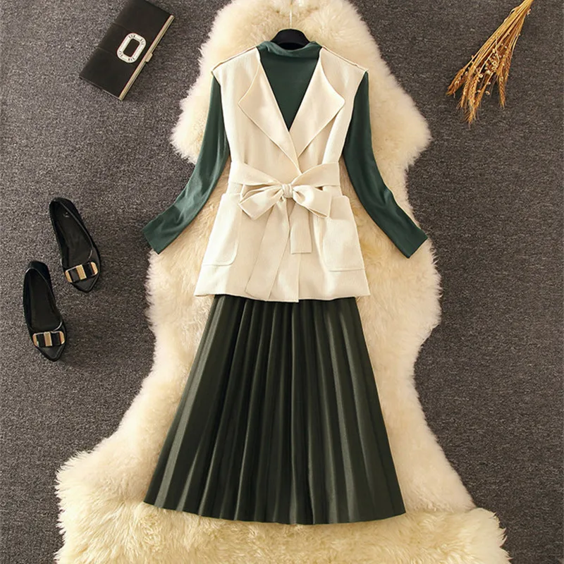 Autumn Winter Dress Suit Women Elegant Beading Long Sleeve Knit Bodycon Mid-Calf Long Sweater Dress Set Casual Spring