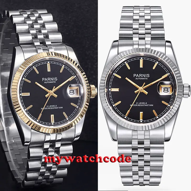 

36mm PARNIS black dial 21 jewels miyota luminous marks Datejust automatic mens watch