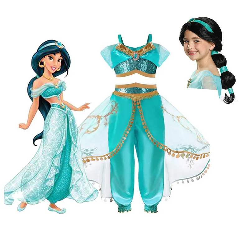 Halloween Christmas Party Cosplay Kids Girls Princess Jasmine Costumes For Children Party Belly Dance Dress Indian Costume 2ps