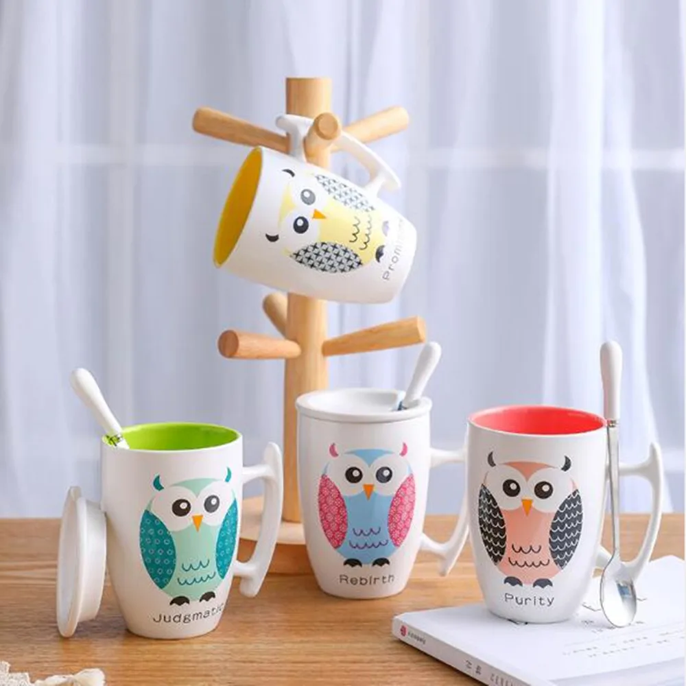 350 ml Owl Ceramic Cup Mug With Lid Spoon Coffee Animal Pattern Milk Tea Colorful Drinkware Drop shipping | Дом и сад