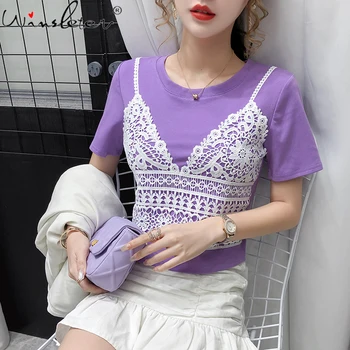 

Summer Korean Clothes Fake Two Piece Lace T-shirt Women Sexy Crop Tops Ropa Mujer Cotton Bottoming Shirt Short Sleeve Tee T07403