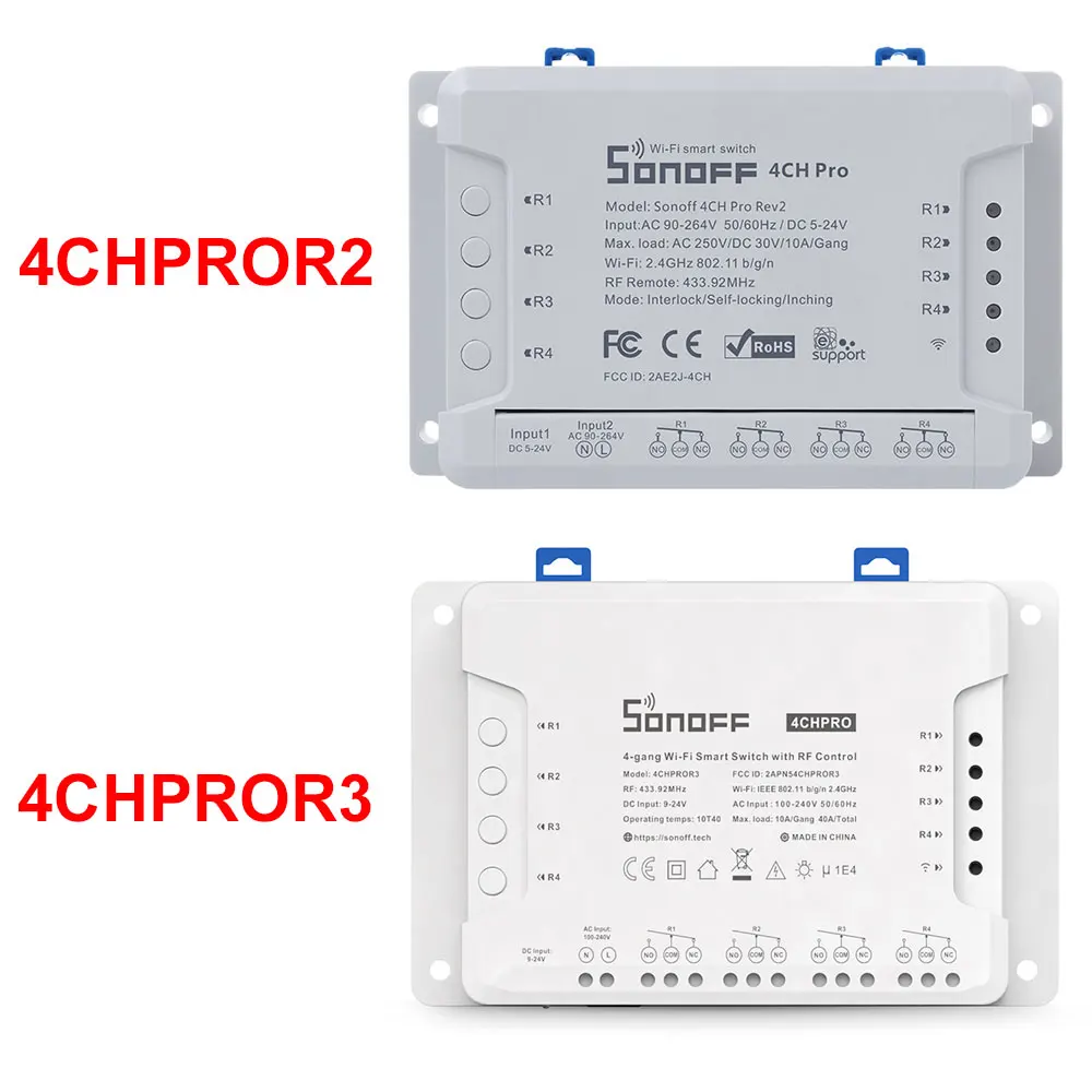 Sonoff 4CH Pro R3 10A /Gang 4 Channel Wifi Smart Switch 433 MHZ RF Remote Wifi Lights Switch Supports 4 Devices Works with Alexa