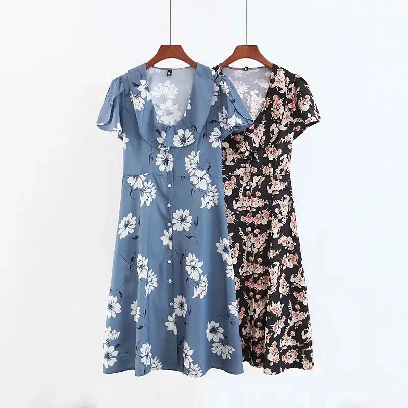 

V-neck Flounced Short Sleeve Single Breasted Elastic Waist Vintage Printed One Piece Long Skirts WOMEN'S Dress