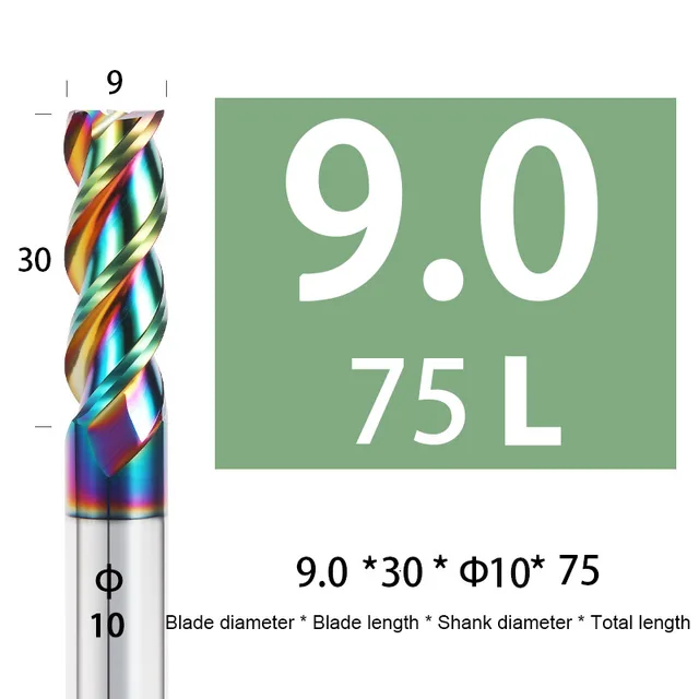 Colorful End Mill Aluminium HRC55 3F Milling Cutter Acrylic Wood Copper Plastic Cutting Tool CNC Maching Milling Tools Endmils 9X30XD10X75L