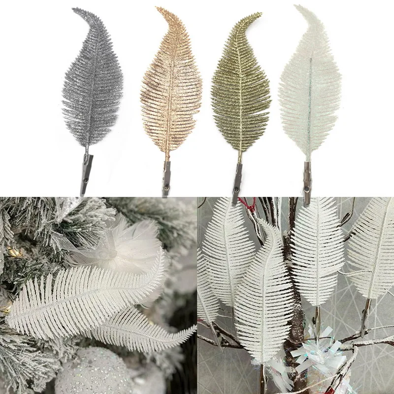 6 White Christmas Tree Decoration Clip on Feather Glittery Baubles Ornament 
