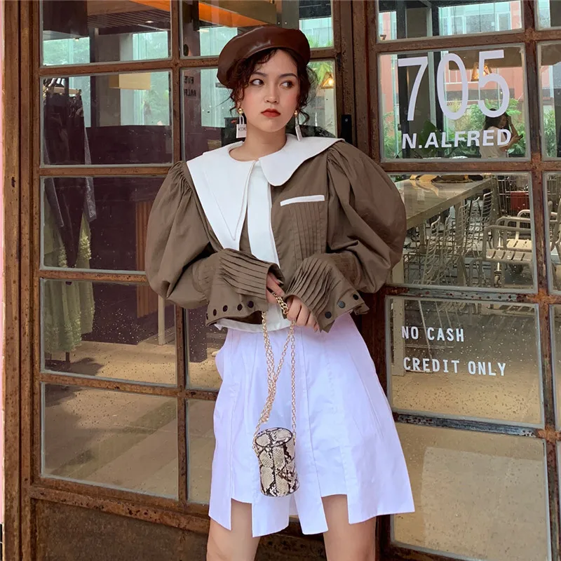

2019 Autumn New Fashion Women's Blouse Irregular O-Neck Lantern Sleeve Patchwork Draped Shirt Button Elegant Short Tops