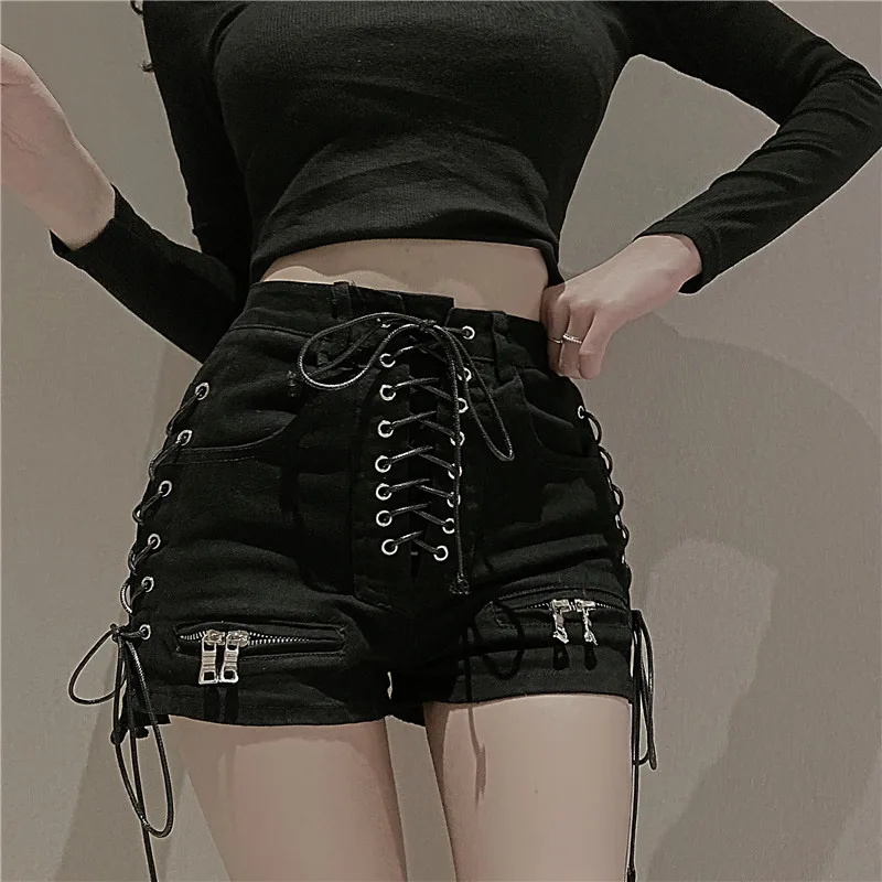 biker shorts women Casual Fashion Black Denim Lace Up Zipper Skinny High Waist Short Pants Streetwear Jeans Women Punk Gothic Shorts Nightclub Wear online clothes shopping Shorts