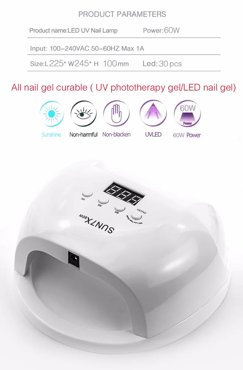Conduziu a Lâmpada para Secador de Unhas com 4 Profissional Unha Elétrico Melhor Cura Temporizadores Unhas Arte Máquina Sun7x 60w uv 5 de unhas com 4 temporizadores conduziu a lâmpada uv unhas arte máquina
