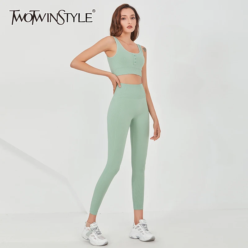 

TWOTWINSTYLE Solid Minimalist Suit For Women Short Vest High Waist Pants Slim Sexy Two Piece Set Female Fashion New Clothing