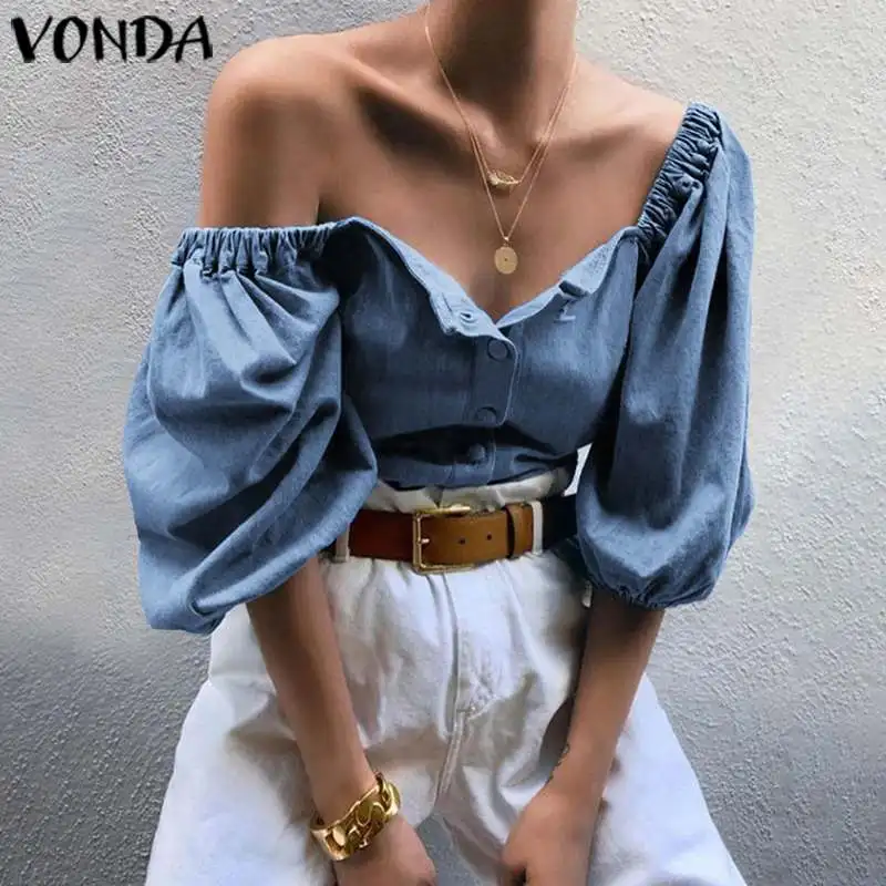 

VONDA Short Button Blouses 2020 Women Half Sleeve Bohemian Shirts Femme Summer Solid Color Button Tops Plus Size Party Blusas
