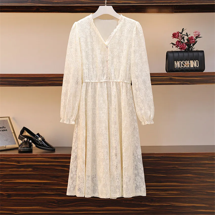 

New Autumn Dress Women Long Sleeve Lace Dress Big Size M-4XL Dress Elegant Lady Midi-Long V-neck Party Dresses Vestidos WZ1644