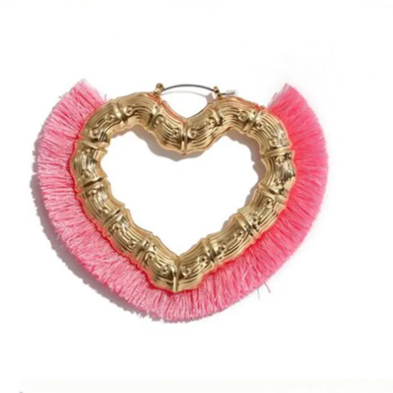C008 Girls Heart Shaped Geometric Metal Texture Earrings Pink Fringe Exaggerated Big Dance Party | Украшения и аксессуары